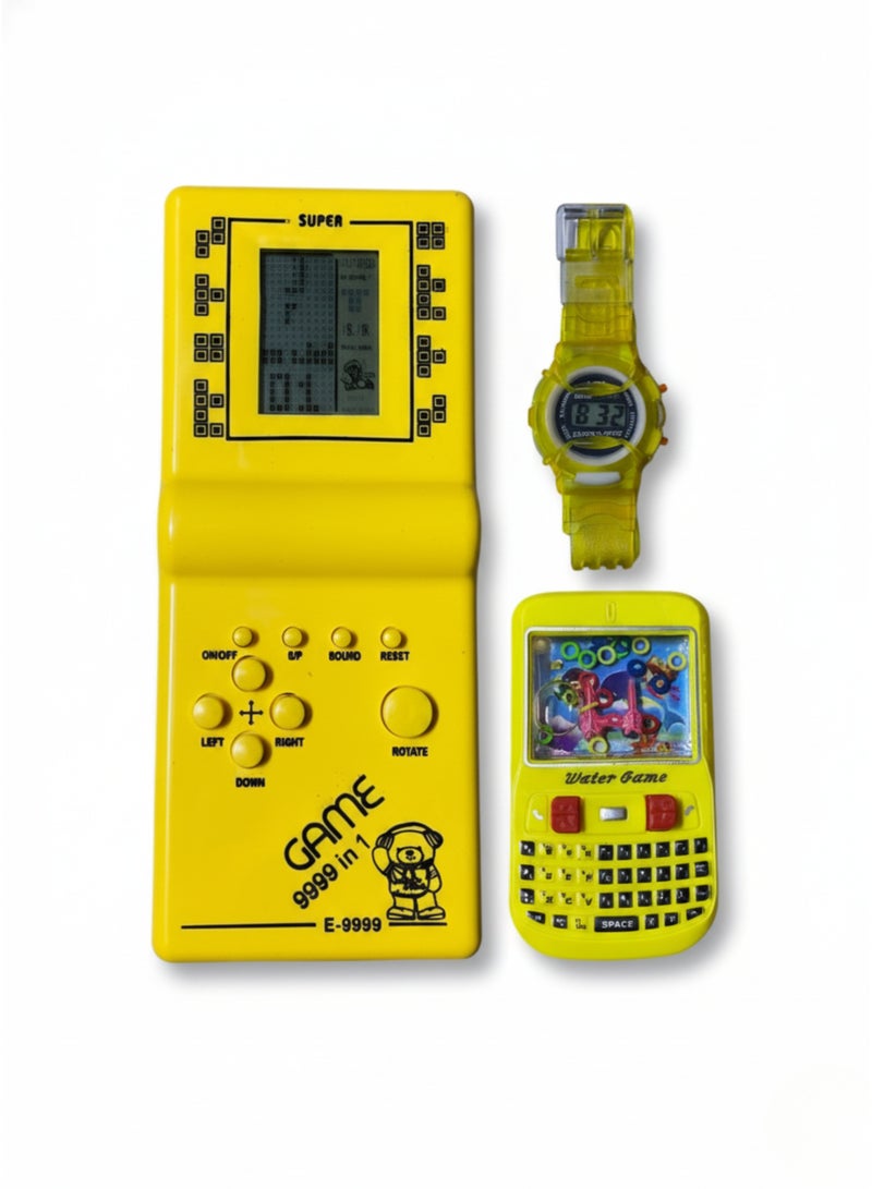 Classic Tetris Brick Game Console 9999 in 1 with Digital Watch & Water Ring Game Toy for Kids Yellow - Image 1