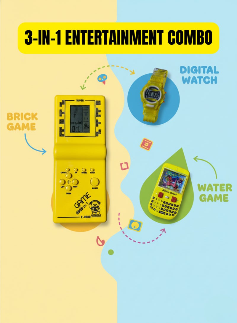 Classic Tetris Brick Game Console 9999 in 1 with Digital Watch & Water Ring Game Toy for Kids Yellow - Image 2
