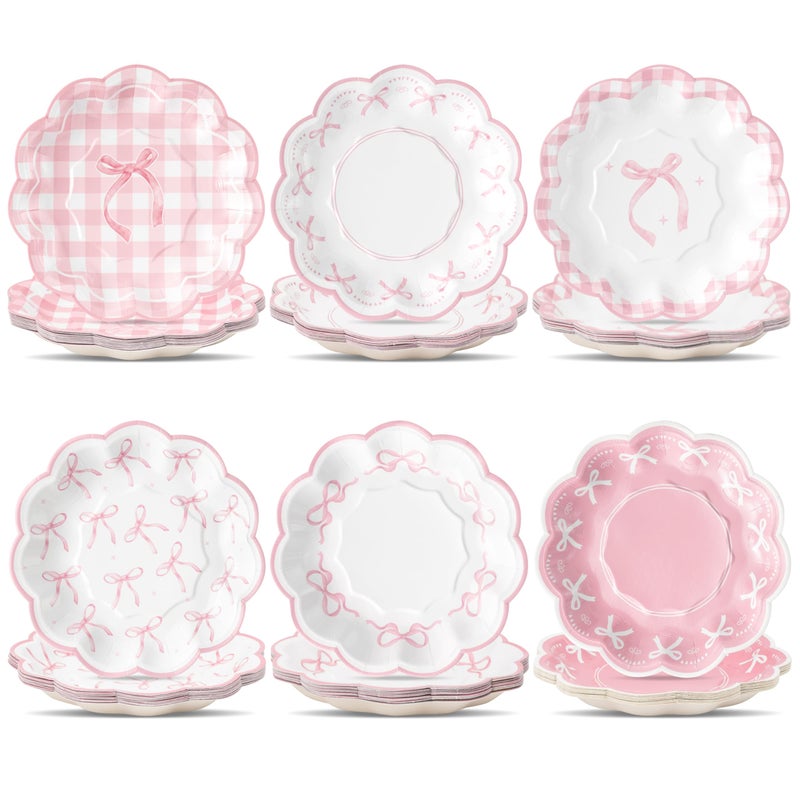 R HORSE Pink Bow Paper Plates - 60Pcs 7 Inch Disposable Flower Plates Platters for Serving Food, Bow Decorative Dinner Tableware for Birthday Bachelorette Wedding Party Supplies Decorations - Image 1