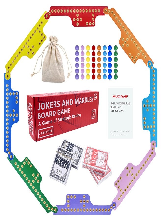 MUCITAGF Jokers and Marbles Board Game - Solid Wood Pegs and Jokers Board Game Set for 2-8 Players, Double-Sided Painted Family Party Game with 48 Marbles & 4 Card Decks - Image 1