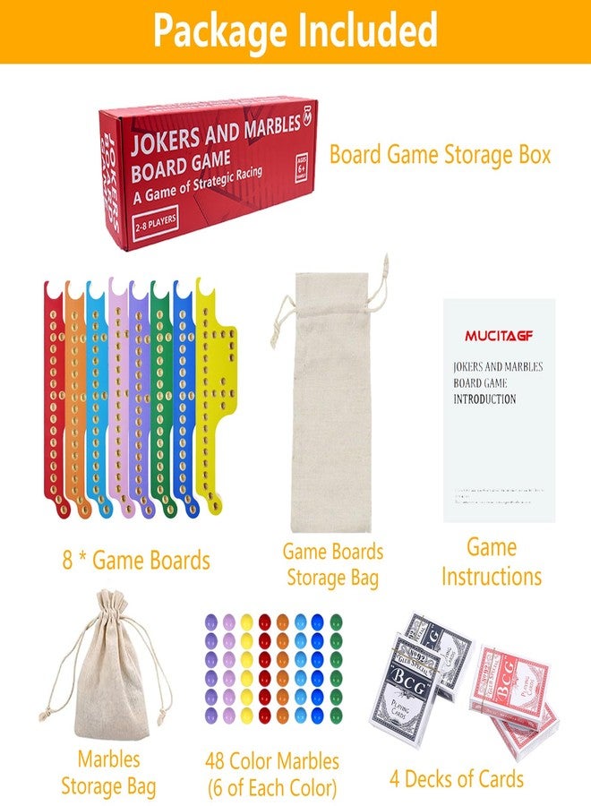 MUCITAGF Jokers and Marbles Board Game - Solid Wood Pegs and Jokers Board Game Set for 2-8 Players, Double-Sided Painted Family Party Game with 48 Marbles & 4 Card Decks - Image 4
