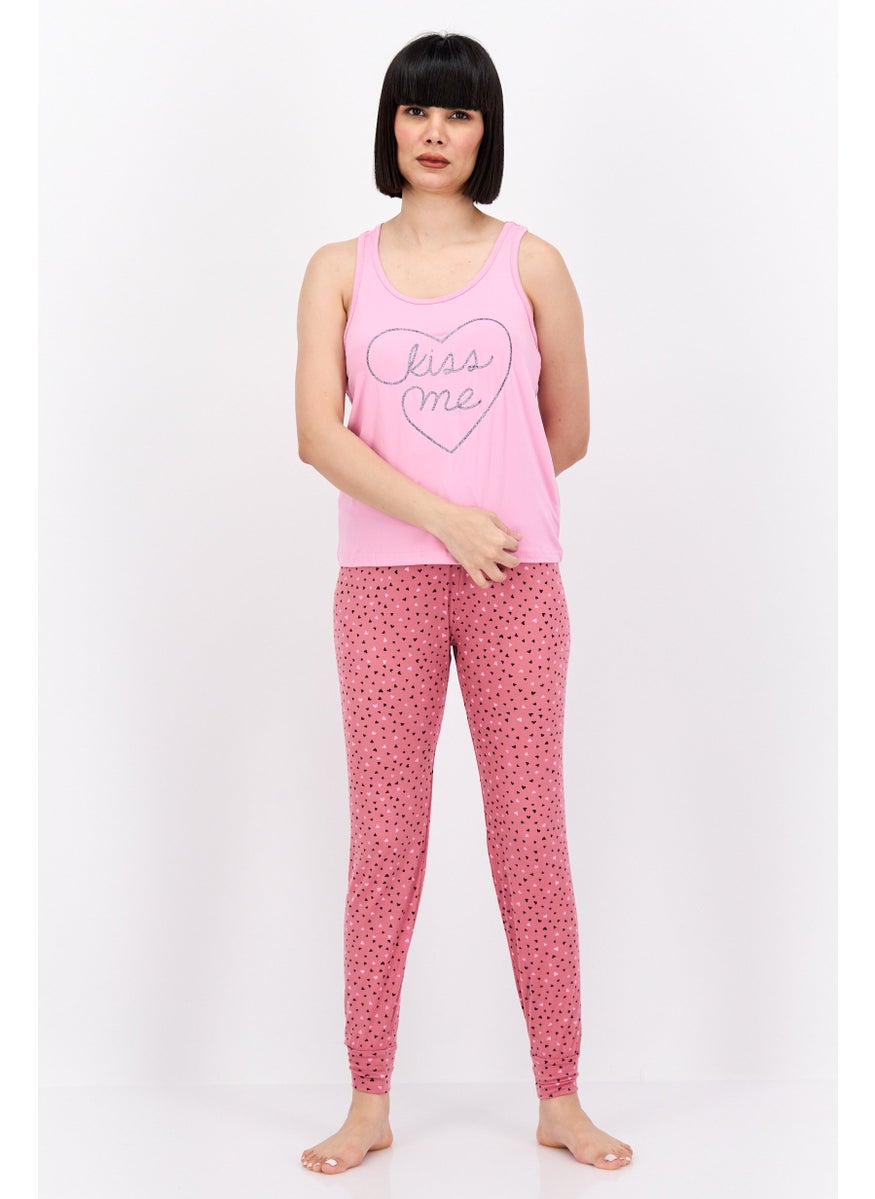 French Affair Women 2 Piece Allover Print Top And Bottom Set, Pink  - Image 1