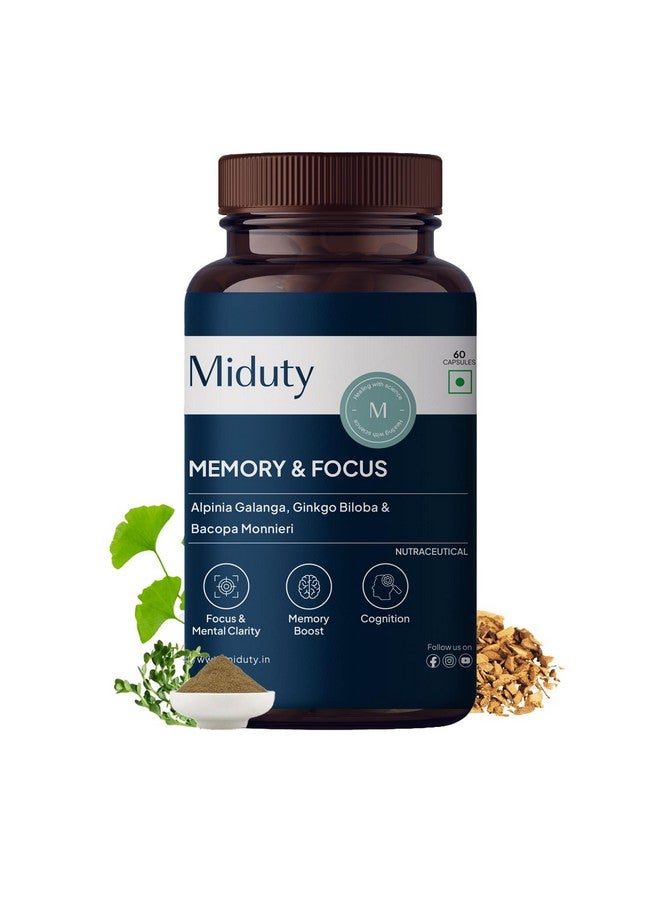 miduty مكمل الذاكرة والتركيز لصحة الدماغ، معزز للدماغ للبالغين، مستخلص الألبينيا جالانغا - 60 كبسولة - Image 1