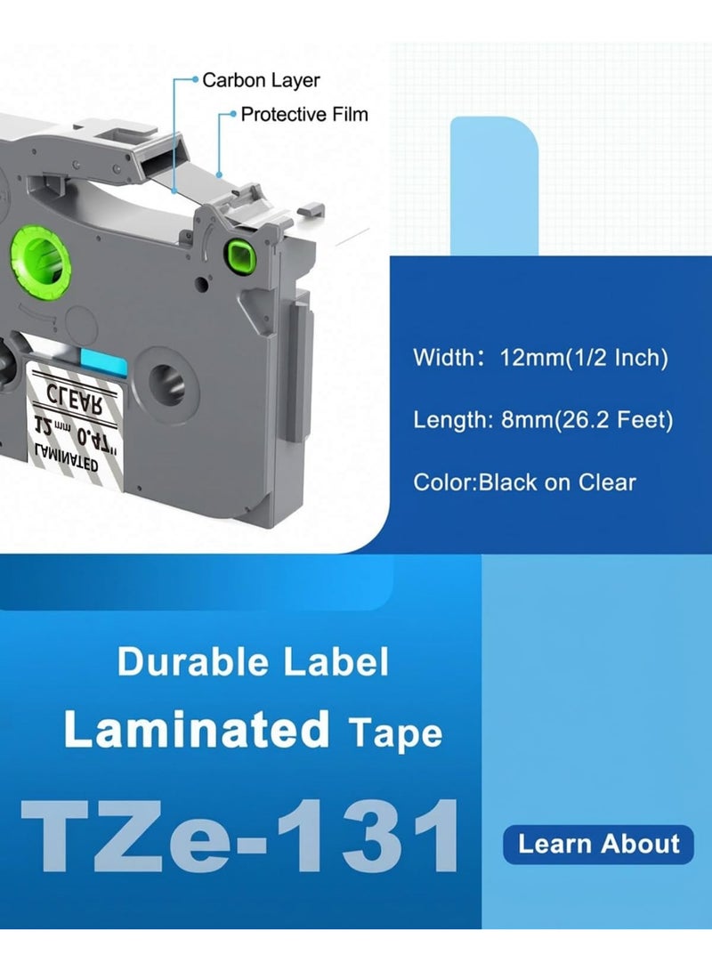 بروذر Labelling Tape Brother TZe-131 Laminated Tape – Black on clear, 3/8 Inch (12mm) - Image 5