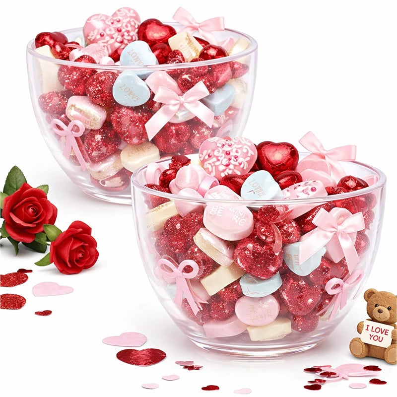 Potchen 2 Pcs Valentine's Day Candy Bowls, 14oz Pink Bow Icon Glasses Snack Dessert Bowl Clear Bubble Serving Dish for Office Desk Valentines Day Gifts Party Favors Table Decoration - Image 1