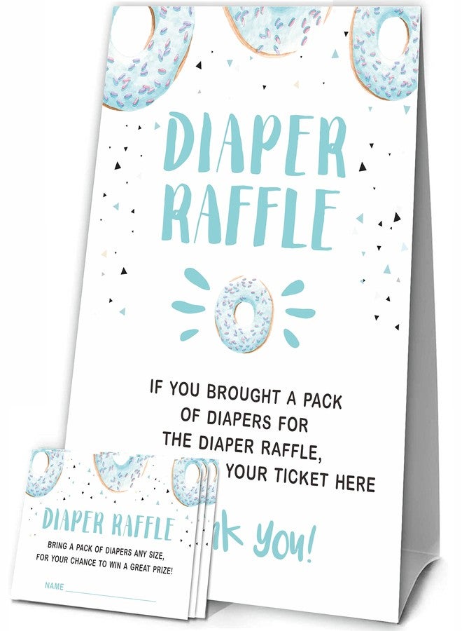 JCVUK Baby Shower Games, 1 Diaper Raffle Standing Sign with 50 Diaper Raffle Tickets,Donut Love Theme Babyshower Party Decorations and Supplies For Boys or Girls(LBLK-B13) - Image 1
