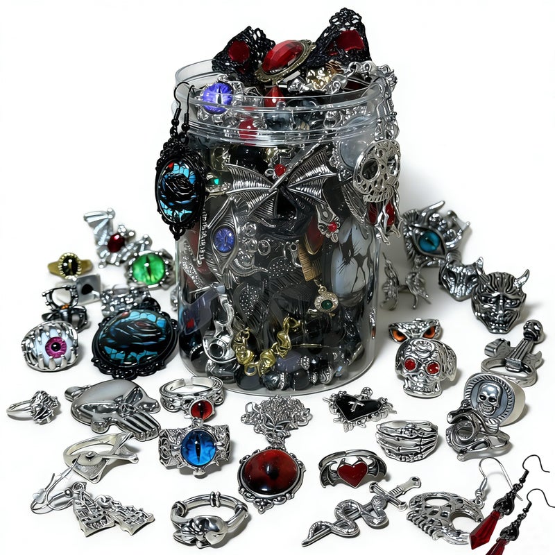 MINGRI Mystery Jewelry Jar,Gothic Jewelry Box for Women, Spooky Season Accessories Gift Set(30PCS Gothic Witch Punk Necklace,Earrings, Rings,Bracelets/Bangles),Unique Birthday & Party Favor for Her - Image 1
