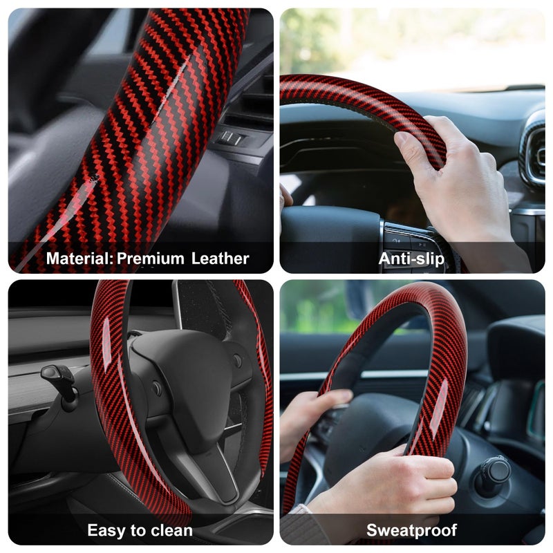 Frani Leather Steering Wheel Cover,Universal Fit 15 Inch-Premium Non-Slip Breathable Comfort Grip for Cars Trucks SUVs,Anti-Slip Durable Interior Upgrade Carbon Fiber Pattern (Red) - Image 5