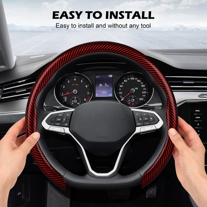 Frani Leather Steering Wheel Cover,Universal Fit 15 Inch-Premium Non-Slip Breathable Comfort Grip for Cars Trucks SUVs,Anti-Slip Durable Interior Upgrade Carbon Fiber Pattern (Red) - Image 4