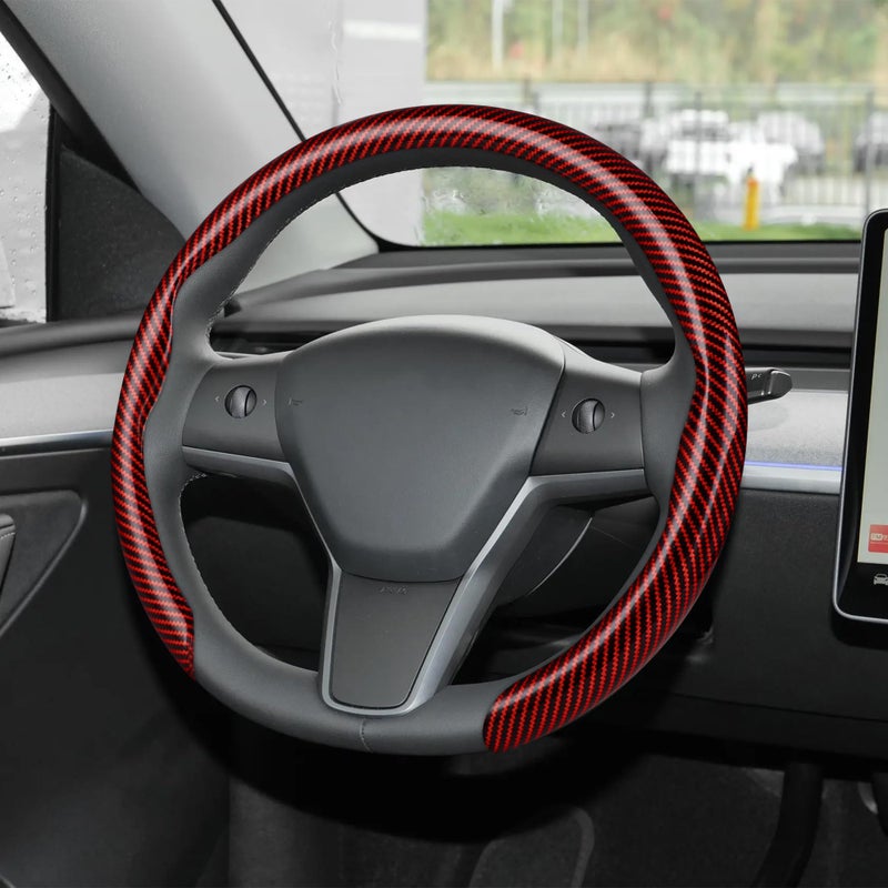 Frani Leather Steering Wheel Cover,Universal Fit 15 Inch-Premium Non-Slip Breathable Comfort Grip for Cars Trucks SUVs,Anti-Slip Durable Interior Upgrade Carbon Fiber Pattern (Red) - Image 1