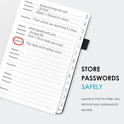Jxselect Elegant Password Book with Alphabetical Tabs - Hardcover Password Book for Internet Website Address Login - 5.2" x 7.6" Password Keeper and Organizer w/Notes Section & Back Pocket (Black) - Image 4