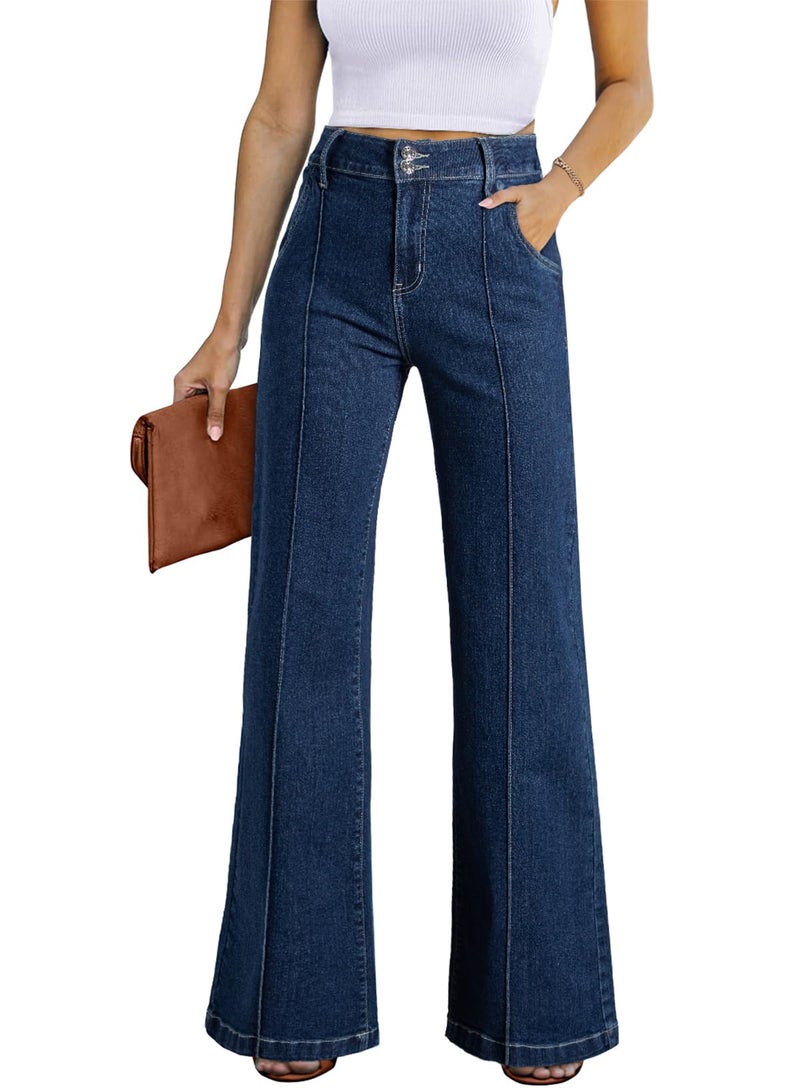 Sidefeel Womens Wide Leg Jeans Casual Baggy High Waisted Stretch Denim Pants Size 8 Deep Blue - Image 1