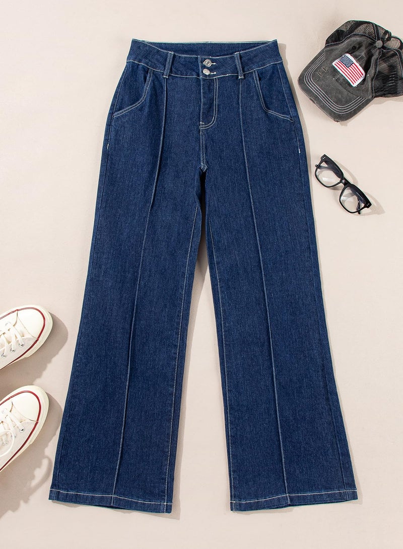 Sidefeel Womens Wide Leg Jeans Casual Baggy High Waisted Stretch Denim Pants Size 8 Deep Blue - Image 5