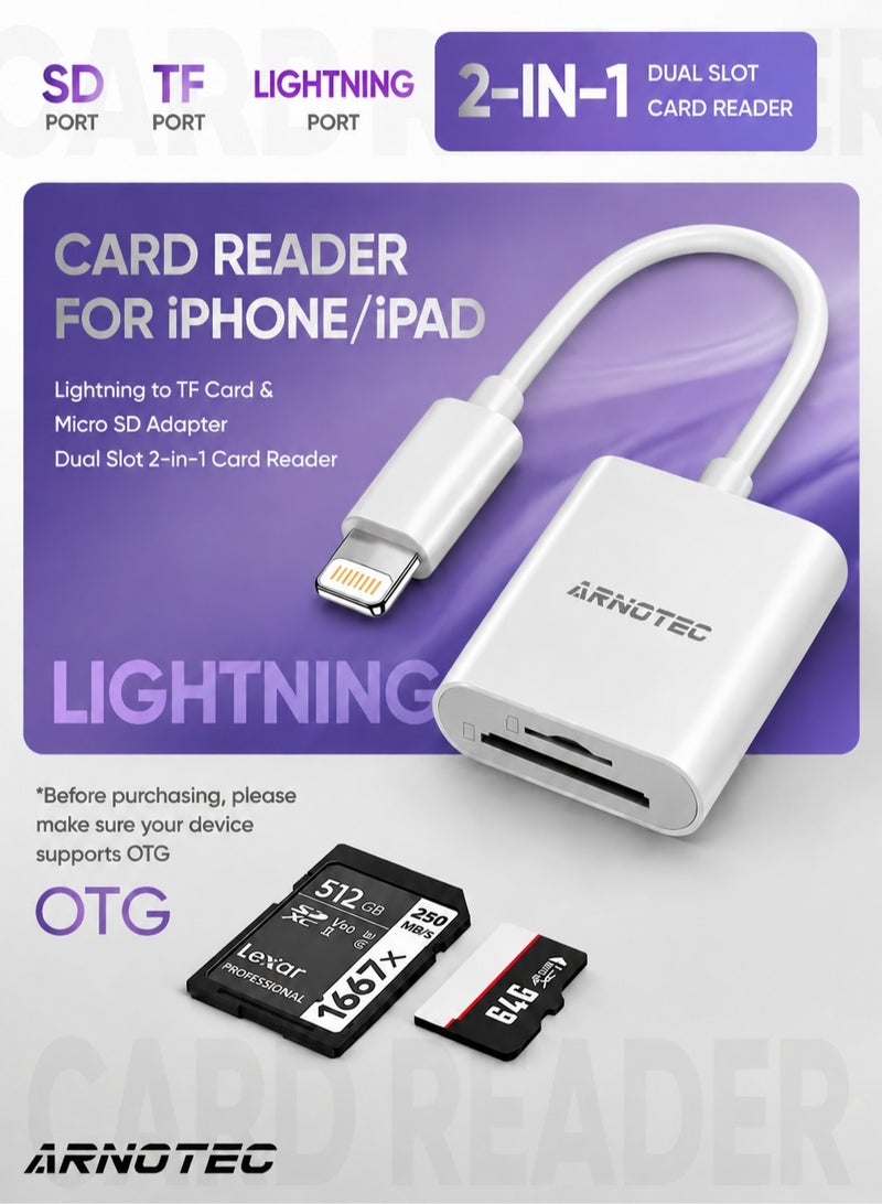 ARNOTEC قارئ بطاقة SD لجهاز iPhone/iPad – محول Lightning إلى SD وMicro SD، قارئ بطاقات مزدوج الشق 2 في 1، توصيل وتشغيل، نقل عالي السرعة يصل إلى 30MB/s، يدعم الصور/الفيديوهات حتى 512GB، متوافق مع iOS 9.2 وما فوق - Image 1