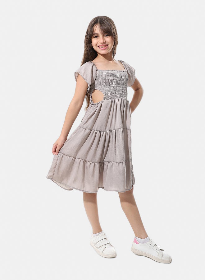 Andora Elastic Chest Ruffles Sleeves Girls Dress _ Greyish Beige - Image 2