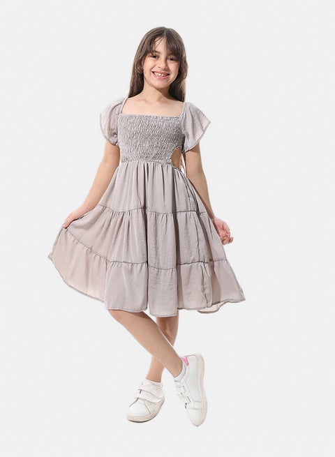 Elastic Chest Ruffles Sleeves Girls Dress _ Greyish Beige