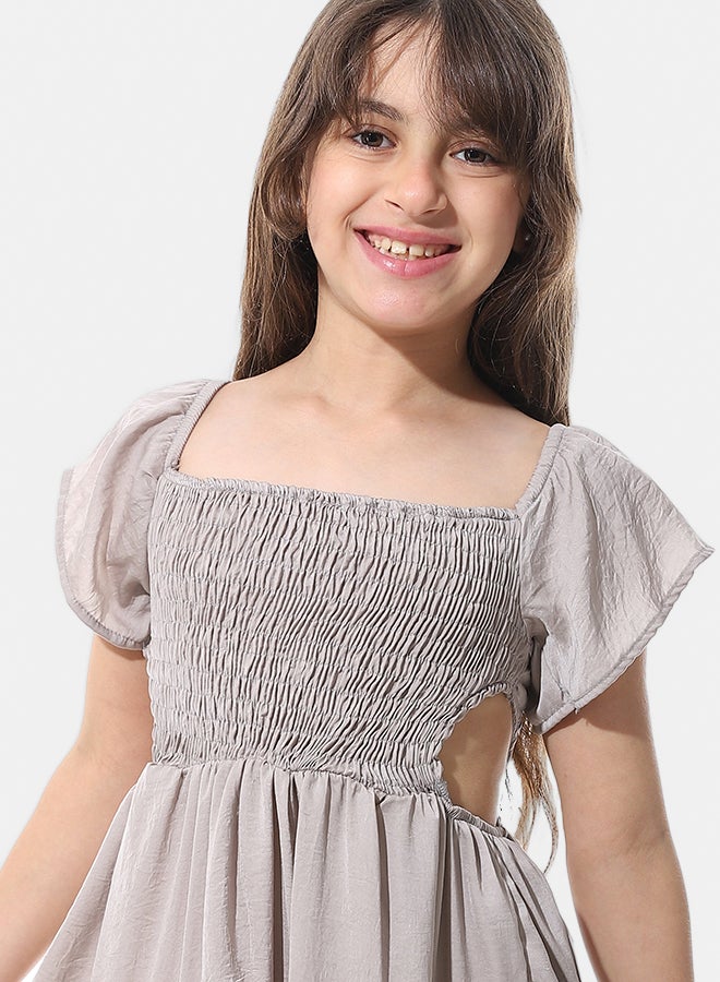 Andora Elastic Chest Ruffles Sleeves Girls Dress _ Greyish Beige - Image 3