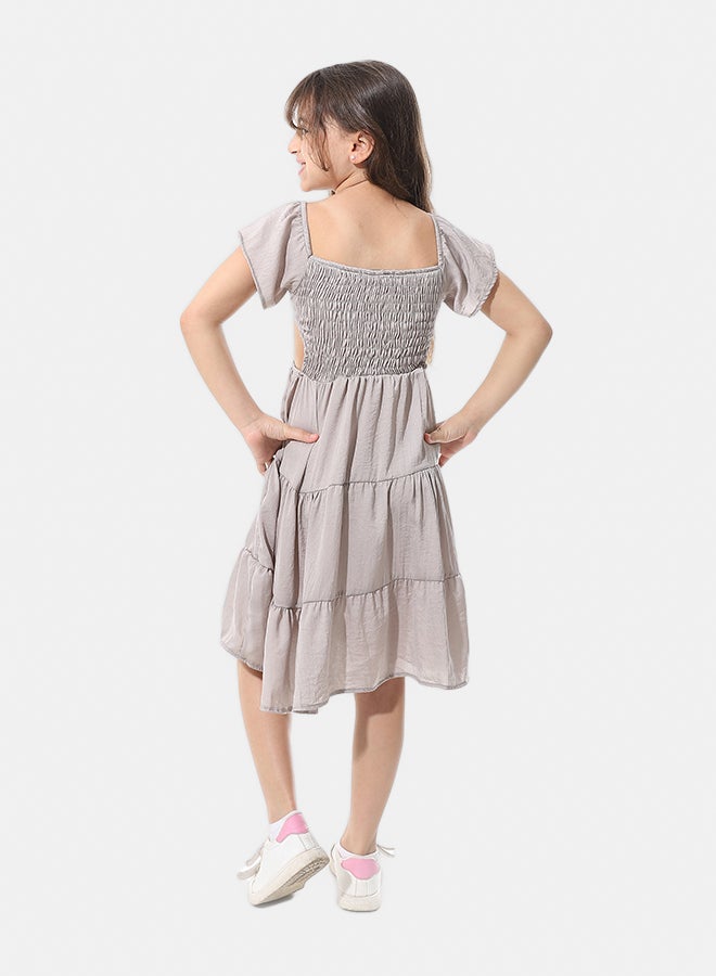 Andora Elastic Chest Ruffles Sleeves Girls Dress _ Greyish Beige - Image 5