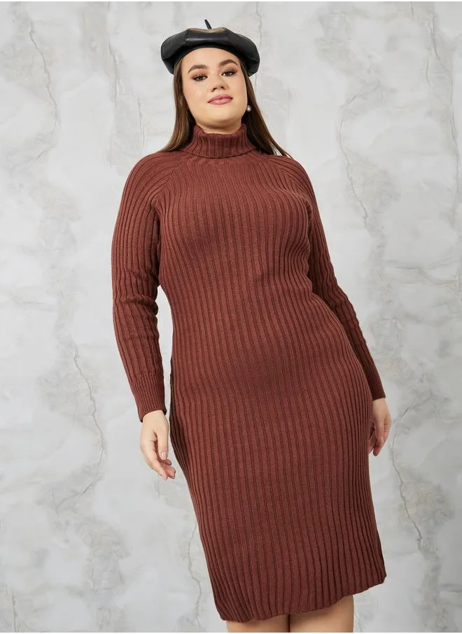 Styli Styli Plus Turtle Neck Ribbed Knit Sweater Dress