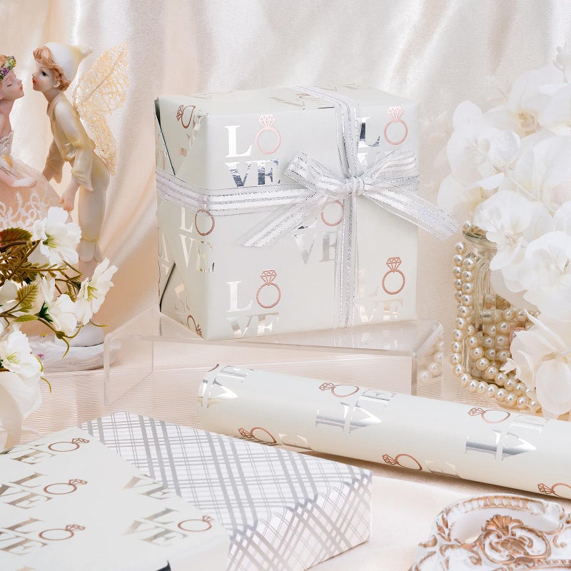 LeZakaa Reversible Wedding Wrapping Paper Roll - Love with Ring & Plaid Design Silver Foil for Wedding, Engagement, Bridal Shower, Anniversay, Valentine's Day - 17 inches x 32.8 Feet - Image 5