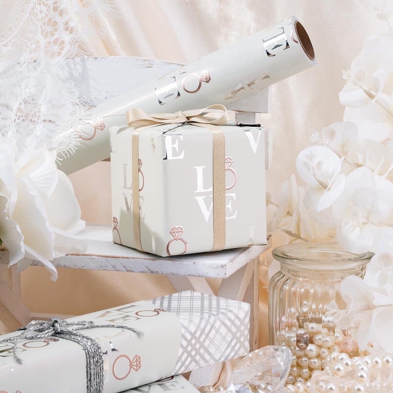 LeZakaa Reversible Wedding Wrapping Paper Roll - Love with Ring & Plaid Design Silver Foil for Wedding, Engagement, Bridal Shower, Anniversay, Valentine's Day - 17 inches x 32.8 Feet - Image 2