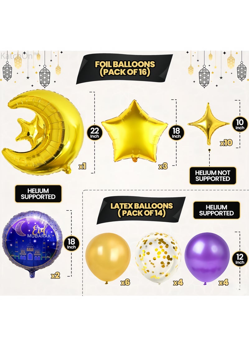 لافتة بالونات عيد مبارك - عبوة من ٣٣ بالونًا | بالونات عيد ذهبية مع هلال ونجمة وقصاصات ملونة | زينة عيد مبارك للمنزل والحفلات - Image 2