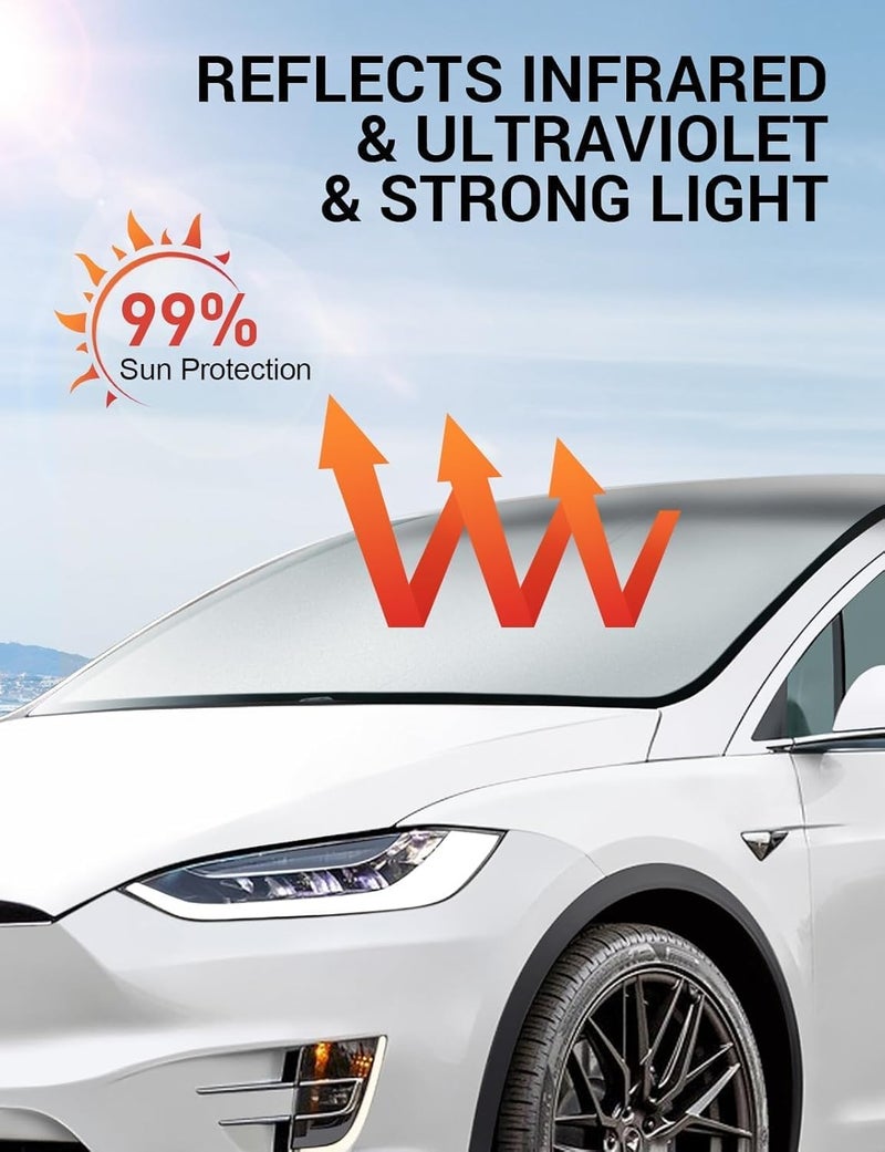 BASENOR Sunshade for Tesla Model Y Model 3 Windshield Sunshade Folding Front Window Sun Shade Double Layer Light Blocking Foldable Sun Shade with a Storage Bag Tesla Accessories 2019-2025 2026 - Image 2