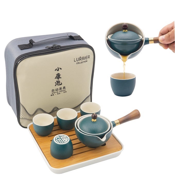 PORCELAIN CHINESE GONGFU TEA SETPORTABLE TEAPOT SET WITH 360 ROTATION TEA MAKER AND INFUSERPORTABLE ALL IN ONE GIFT BAG FOR TRAVELHOMEGIFTINGOUTDOOR AND OFFICE GREEN
