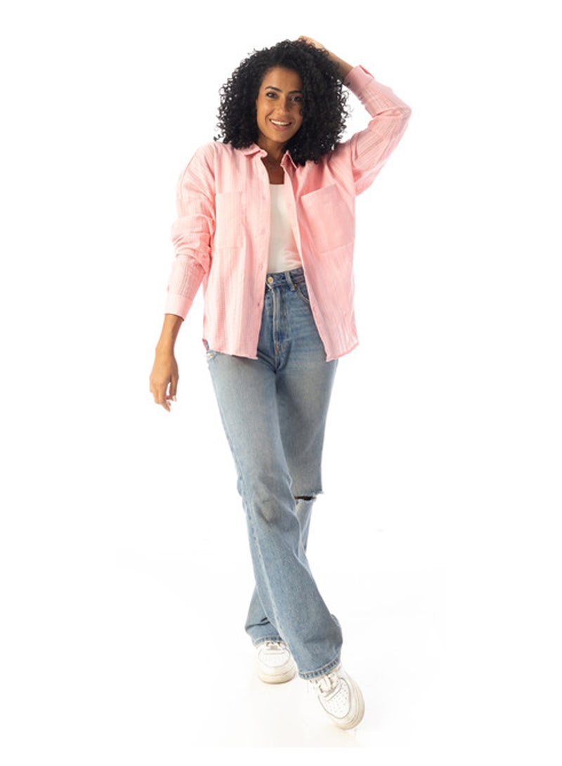 Andora Long Sleeves Textured Oversized Shirt - Rose - Image 3