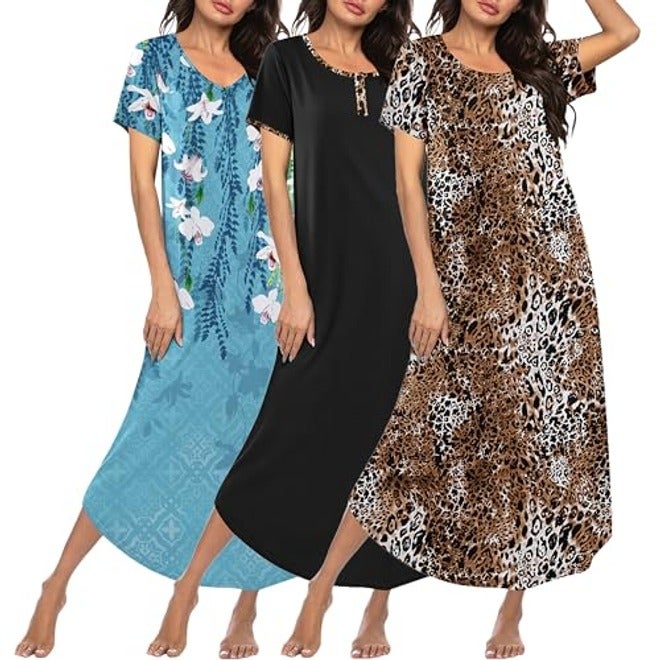 Ekouaer Women's 3-Pack Long Nightgowns Plus Size Soft Moo Moo Sleepwear Short Sleeve House Dress