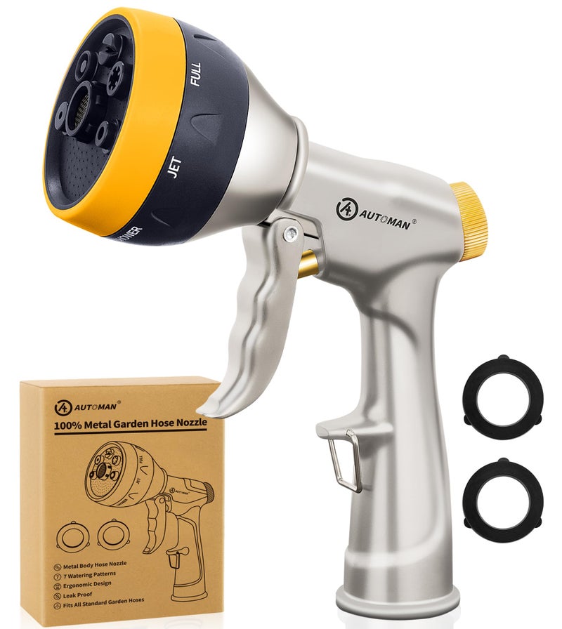 AUTOMAN Garden Nozzle Sprayer, High Pressure Spray Nozzle, 100% Metal Water Hose Nozzle, 7 Patterns Watering Nozzle, Heavy Duty Sprayer Garden Nozzle for Watering Plants & Lawns, Washing Cars & Pets - Image 1