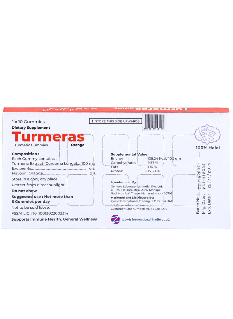 Turmeras - Turmeras Orange | Turmeric Gummy | Curcumin | Soft-gel | Natural Immunity Booster | Cold | Cough | 10 pieces - Image 1