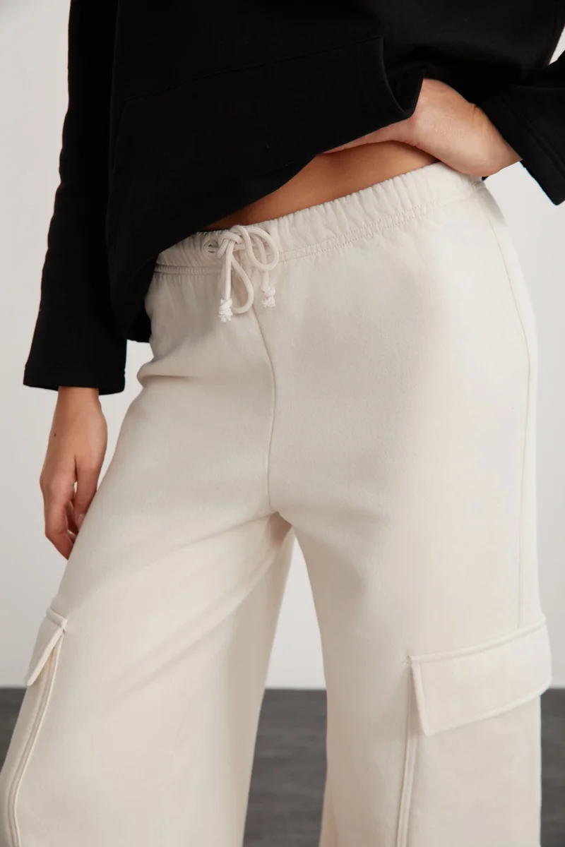 GRIMELANGE Lyra Women's 100% Cotton Cargo Pocket Ecru Sweatpants