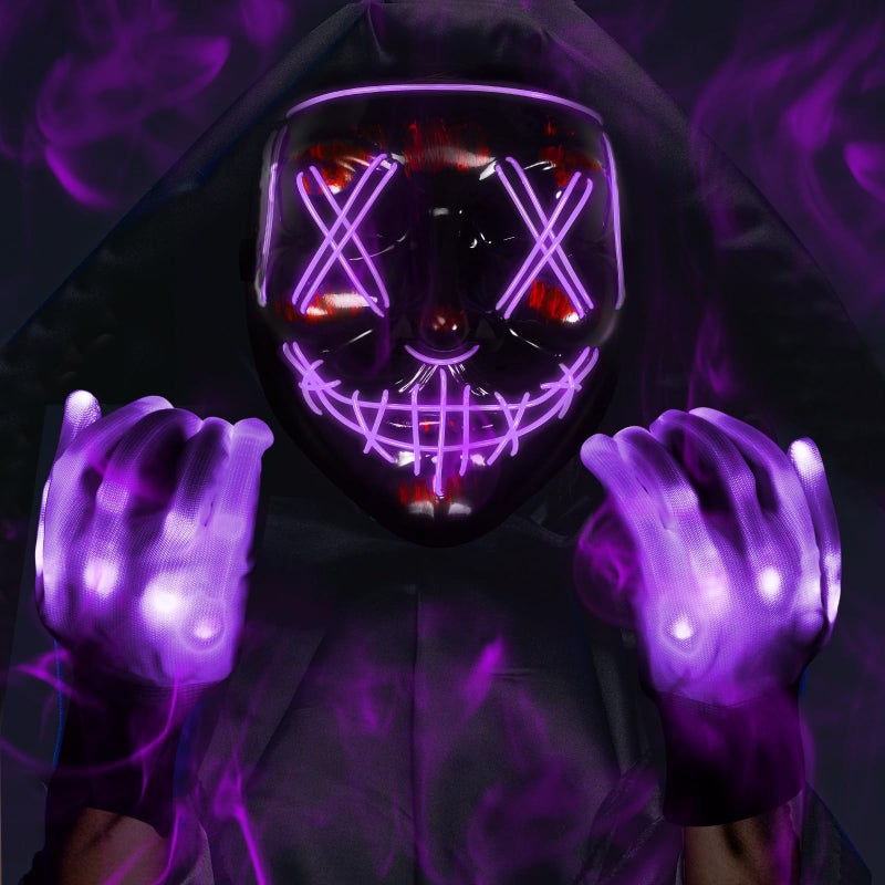 Max Fun Halloween Mask Glowing Gloves for Halloween Costume Cosplay Party Led Light Up Scary Masks for Halloween Party D Purple - Image 3