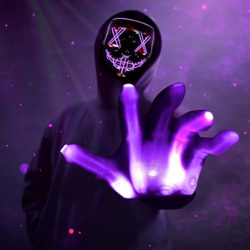 Max Fun Halloween Mask Glowing Gloves for Halloween Costume Cosplay Party Led Light Up Scary Masks for Halloween Party D Purple - Image 5