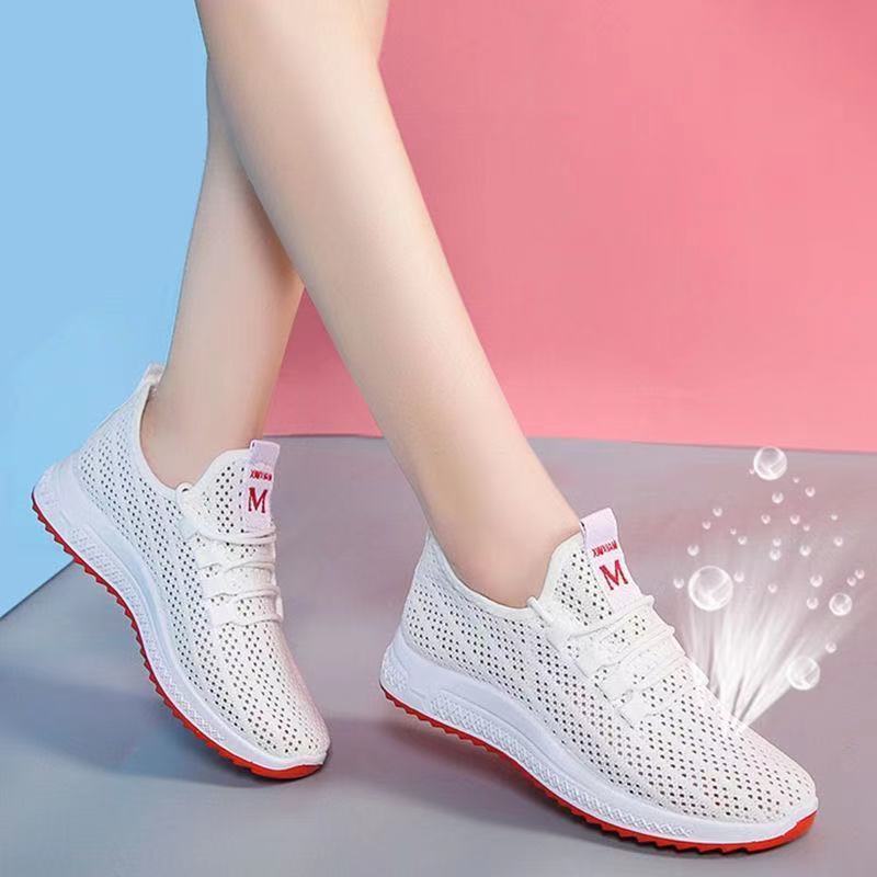 2025 Spring White Shoes Women'S Shoes Flat New Style Breathable Sports Mesh All-Match Summer Thin Hollow White Shoes - Image 1