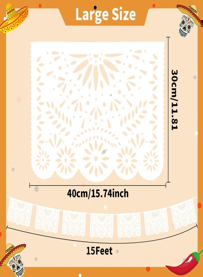 MARFOREVER 15 Ft White Papel Picado Banner, Cinco De Mayo Plastic Mexican Flag Banner Fiesta Party Decoration Mexico Wedding Decor Baby Shower Dia de Los Muertos Cielito Lindo Theme Decor Supplies - Image 2