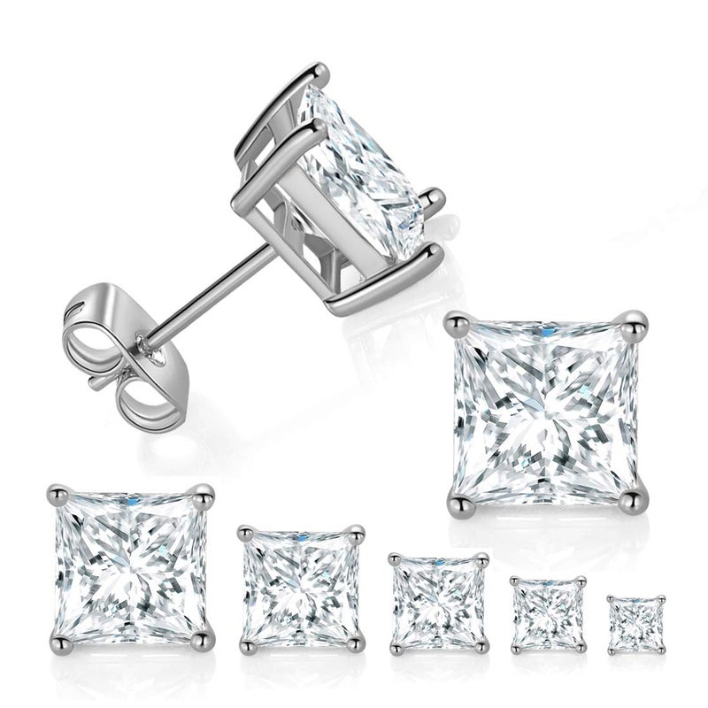 5 Pairs Stud Earrings Pack 18K White Gold Plated Princess Cut Clear Square Cubic Zirconias Stud Earring for Women and Men