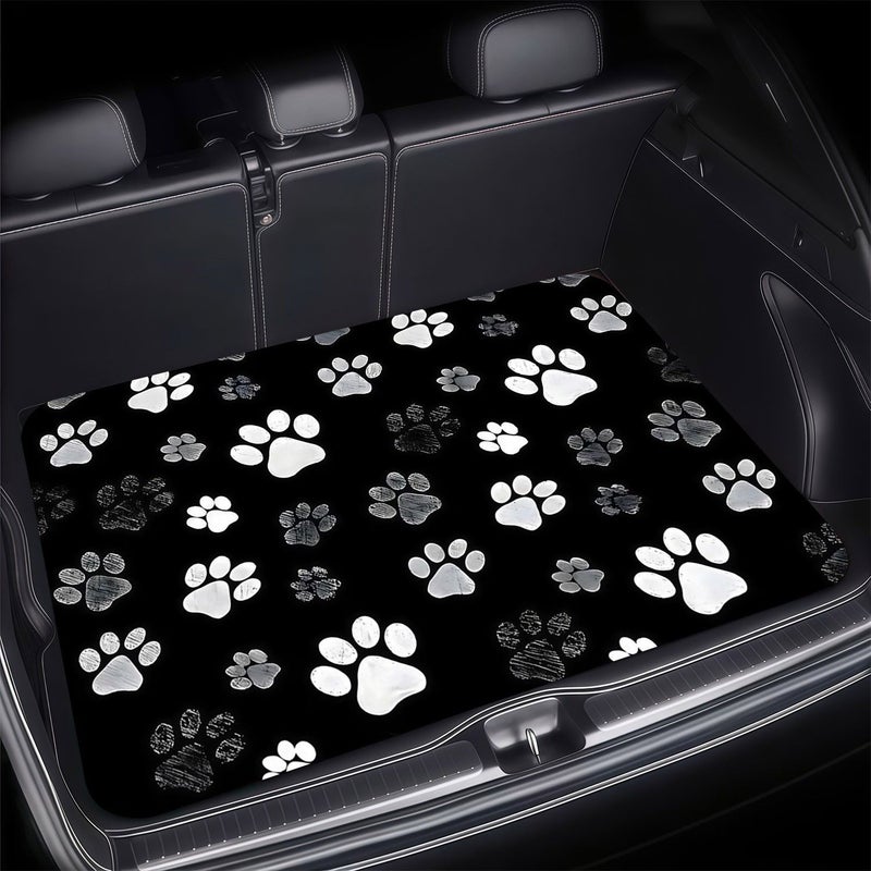 Single Piece Polyester Automotive Floor Mat Black White Gray Paw Print Cargo Liner - Image 1