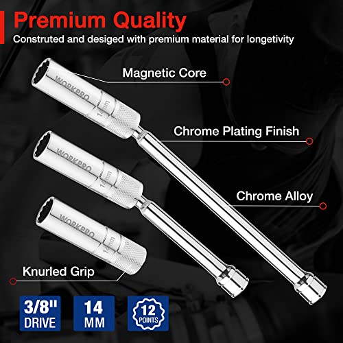 WORKPRO 3PC Magnetic Swivel Spark Plug Socket Set-Includes 14 mm Thin Wall Socket with 6- and 10-inch Extensions, 3/8-inch Drive with 12-Point, Magnetic Core - Image 3