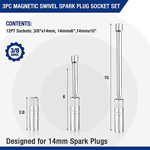 WORKPRO 3PC Magnetic Swivel Spark Plug Socket Set-Includes 14 mm Thin Wall Socket with 6- and 10-inch Extensions, 3/8-inch Drive with 12-Point, Magnetic Core - Image 2