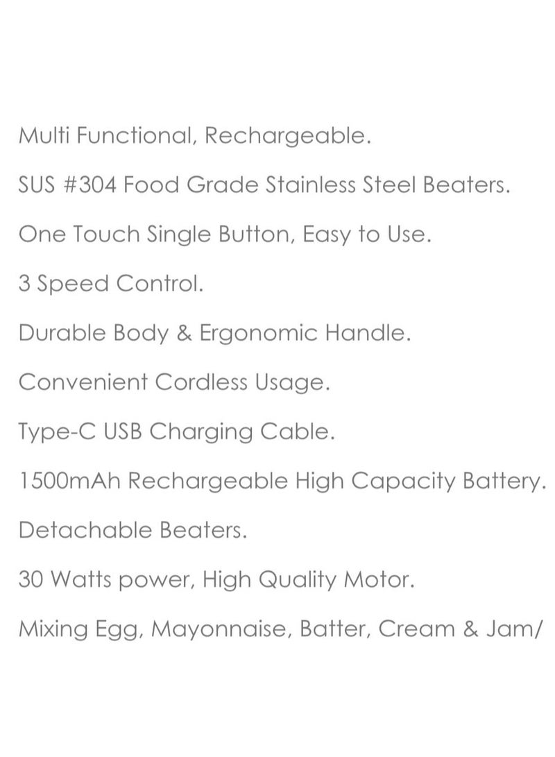 Cordless Rechargeable Hand Mixer, 1500W Electric Mixer with 3 Speed Control, Food-Grade Beaters, Portable Kitchen Mixer with 2 Pairs of Stainless Steel Attachments for Baking, Whipping & Mixing  - Image 3