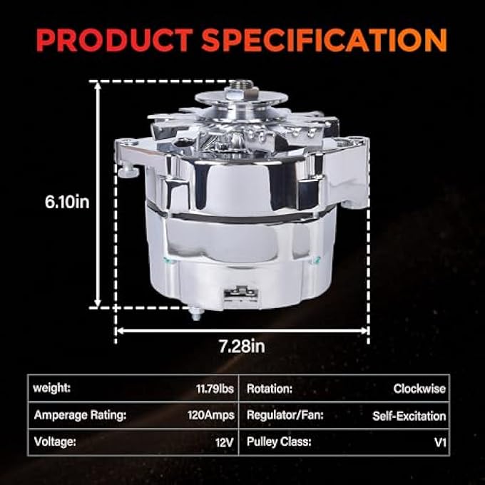 RLP Alternator Chromed 7127-SE105C Compatible with GM 305 350 BBC SBC 1-Wire Self-Exciting 110A 12V - Image 3