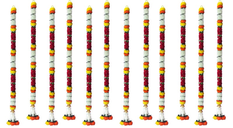 Tia Crafts Artificial White Gajra Jasmine & Colourful Flower Strings for Wedding Decorations,Event Decor Perfect for Diwali,Ganpati & Pooja/Temple/Mandir Decoration,5ft (12,Pink-Marigold - 5ft),6 cm - Image 1