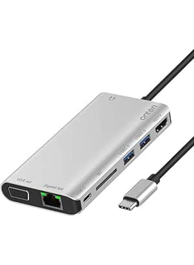 Onten OT-9591B USB C Hub 8cm 1 Type C Adapter with 1Gbps Ethernet, 4K HDMI, VGA, PD Charging, 2 USB3.0,3.5mm Audio, SD Card Laptops
