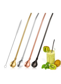 Generic 4 Pieces Spoon Straws Stainless Steel Drinking Spoon Straws Reusable Metal Cocktail Spoons Straws with Long Cleaning Brush  - Image 1