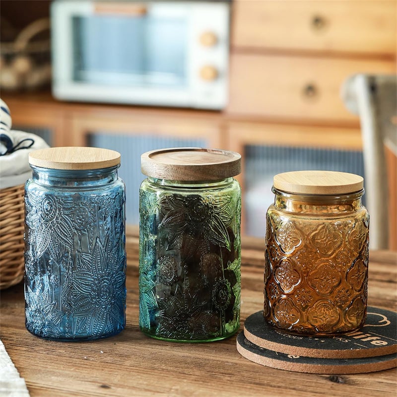 ANSQU Set of 4 Vintage Glass Mason Jars with Lids â€“ 34 FL OZ Sunflower Design â€“ Airtight Storage for Coffee, Tea, Cookies, Candy, Nuts â€“ Kitchen & Pantry Organization (Blue & Green) - Image 5
