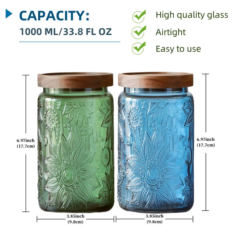 ANSQU Set of 4 Vintage Glass Mason Jars with Lids â€“ 34 FL OZ Sunflower Design â€“ Airtight Storage for Coffee, Tea, Cookies, Candy, Nuts â€“ Kitchen & Pantry Organization (Blue & Green) - Image 2