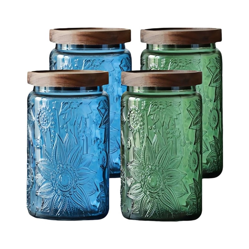 ANSQU Set of 4 Vintage Glass Mason Jars with Lids â€“ 34 FL OZ Sunflower Design â€“ Airtight Storage for Coffee, Tea, Cookies, Candy, Nuts â€“ Kitchen & Pantry Organization (Blue & Green) - Image 1
