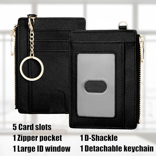 Suweibuke Slim Pocket Wallet, RFID Blocking Credit Card Holder Wallet with D-Shackle ID Window and Detachable keychain for Women (A-Black) - Image 2